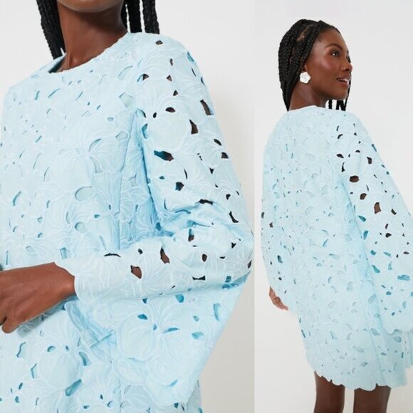Tuckernuck NEW Aqua Floral Lace Camilla Long Flared Sleeve Mini Dress Size L - Picture 4 of 12